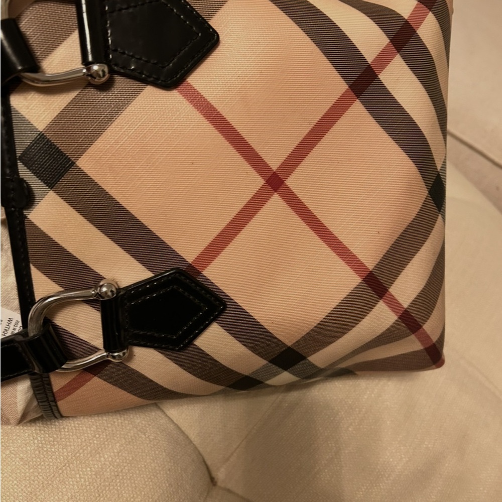 Burberry Tan/Black/Red Plaid CanvasTote Black Patent Leather Silver9.5”x9.5”x5” - Picture 13 of 17